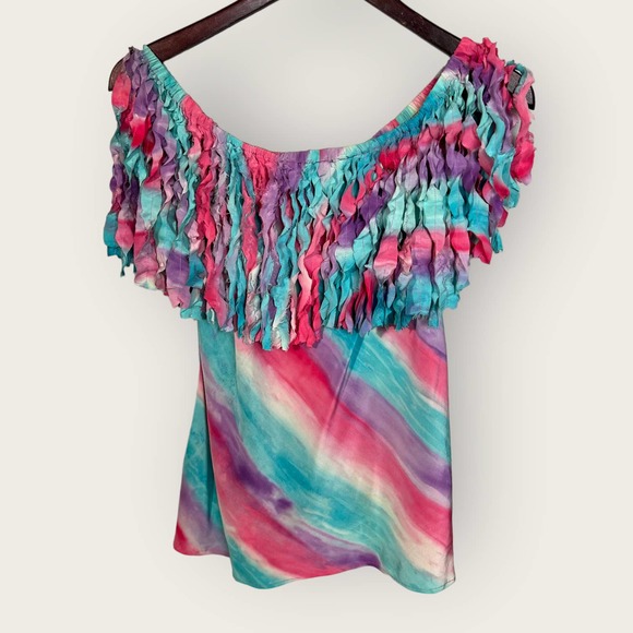 Vintage Silk Top (S) Off-Shoulder Fringe "B. Grisham" - Picture 5 of 7